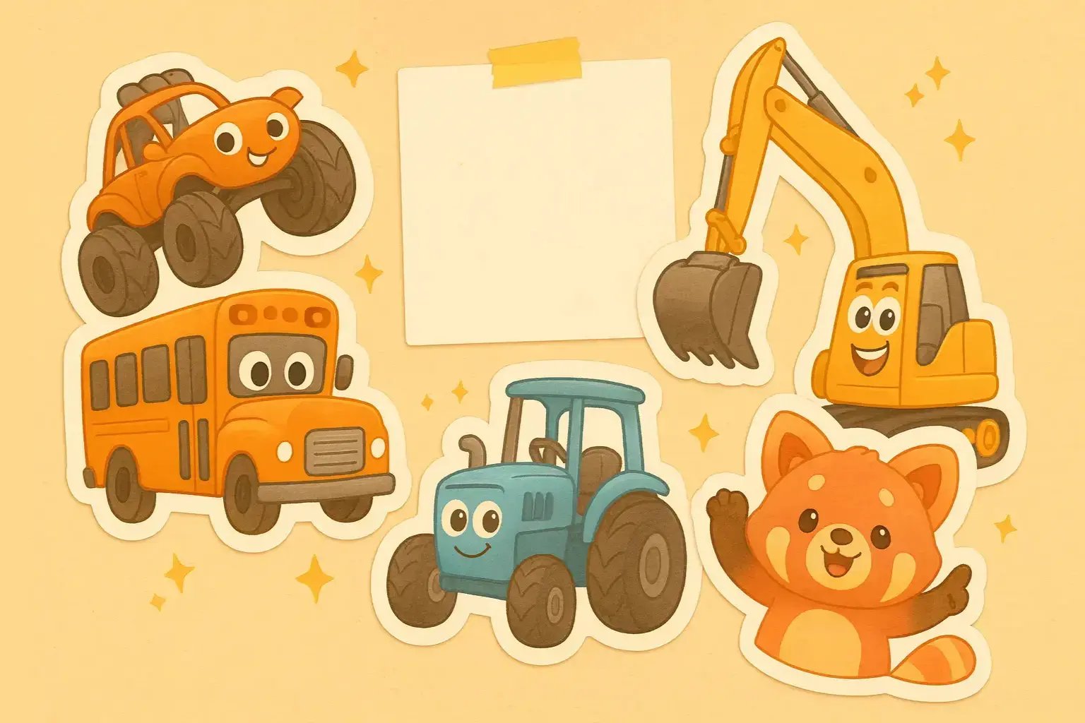 Playful vehicles and Reddy celebrating learning