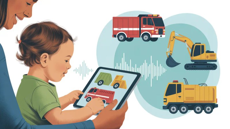 Toddler excitedly pointing at toy vehicles while practicing speech sounds with engaged parent