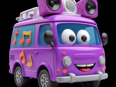 DJ Van for kids - Interactive dj van illustration from Little Wheels educational app for toddlers ages 2-6 years