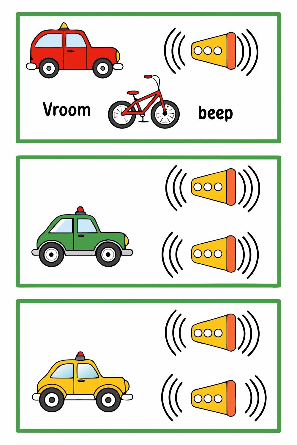 100 vehicle sounds for speech practice organized by phoneme and difficulty