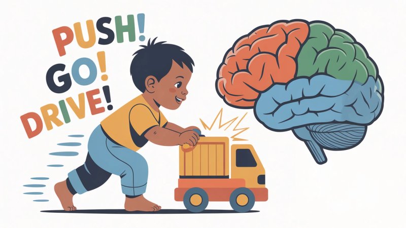Toddler learning action words through vehicle play