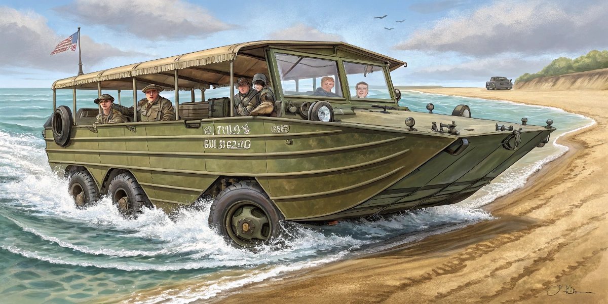 Amphibious duck boat vehicle driving from land into the water