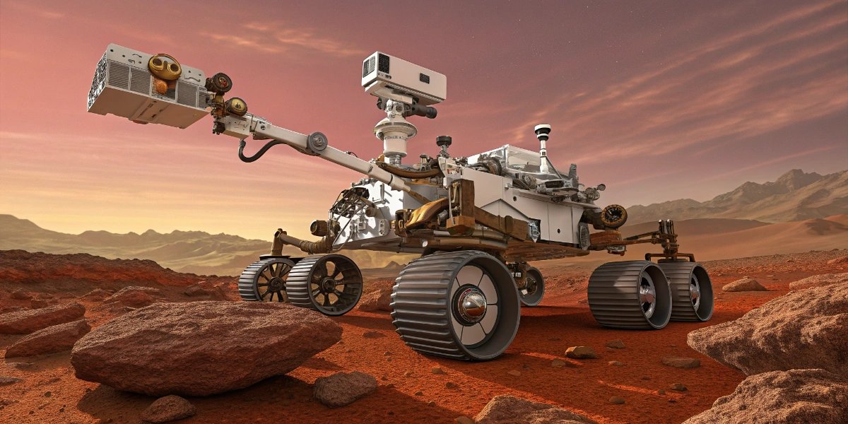 Illustration of a Mars rover exploring the rocky Martian surface