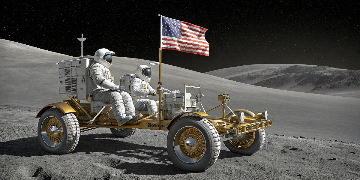 Apollo lunar rover driving across the dusty surface of the Moon