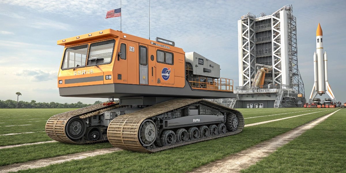 NASA crawler-transporter carrying a rocket along the launch pad roadway