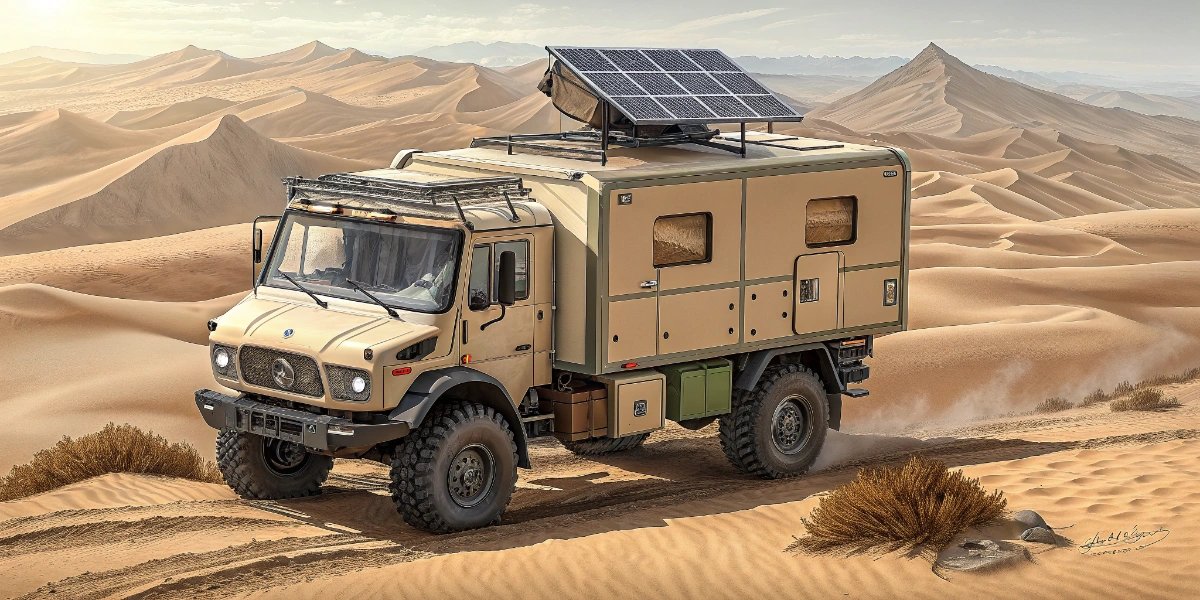 Overlander expedition truck parked in a remote desert landscape