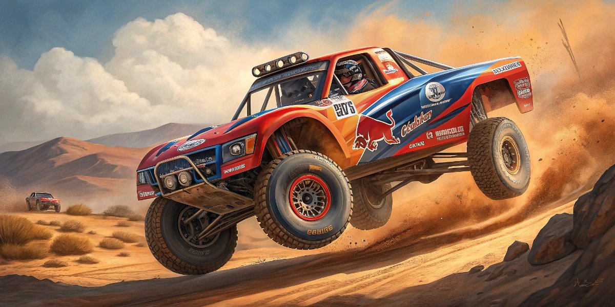 Trophy truck catching air while racing across desert terrain