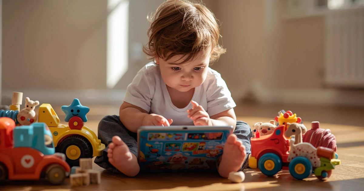3-year-old engaged with educational app showing vehicles and creative activities