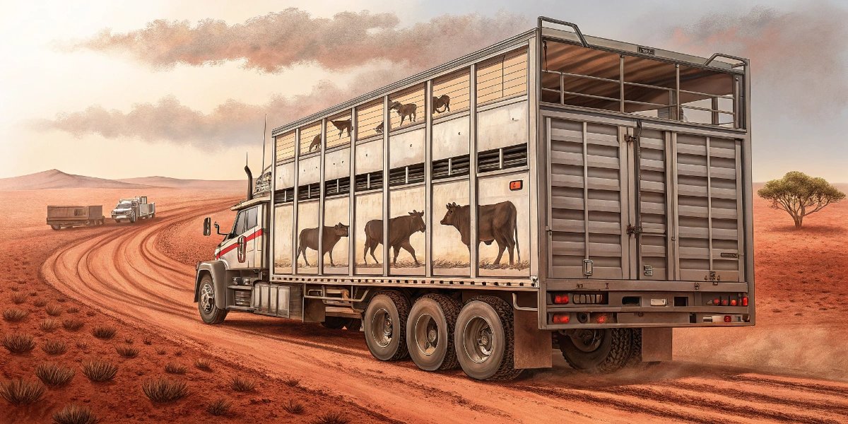 Australian cattle truck carrying livestock along dusty road