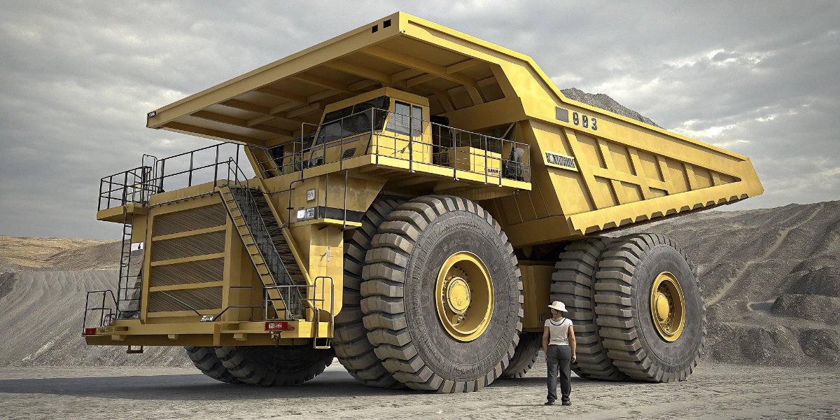 Gigantic Australian mining haul truck carrying ore in an open-pit mine