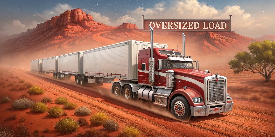 Massive Australian road train with multiple trailers crossing the Outback