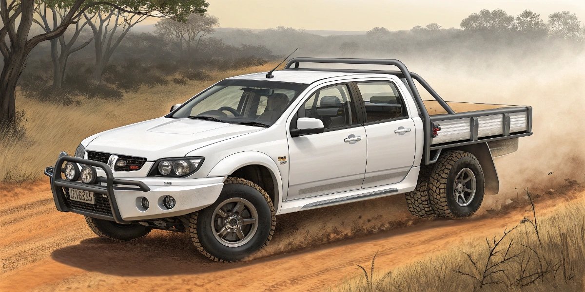 Australian ute parked in the countryside with cargo tray in back