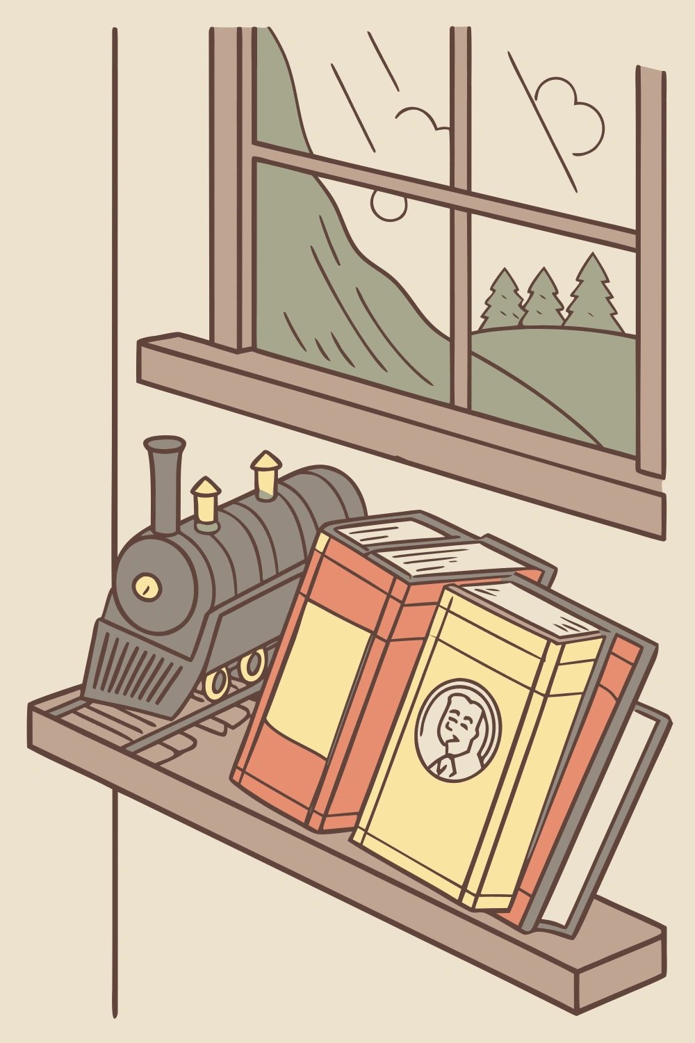Toddler playing with wooden train set next to a stack of train picture books