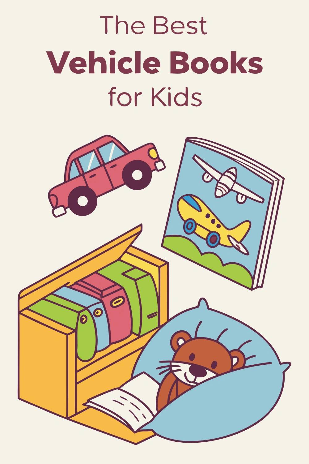 Cozy overhead shot of open vehicle picture book with toddler hands and stack of children's books