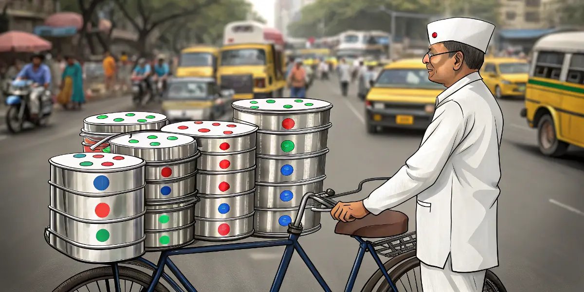 Dabbawala delivery bicycle loaded with lunch boxes in Mumbai