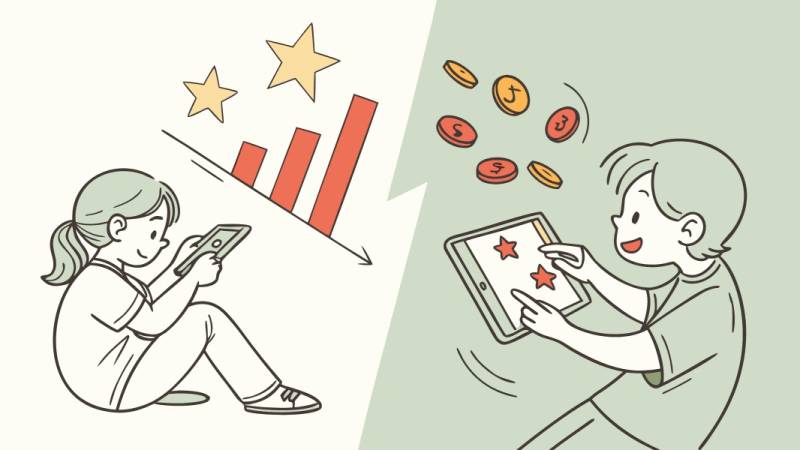 Comparison of calm tech design vs dopamine loop design in kids apps