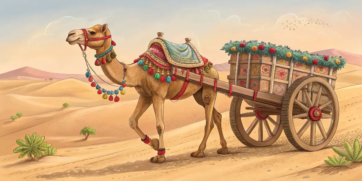 Traditional camel cart with decorated camel in Rajasthan desert