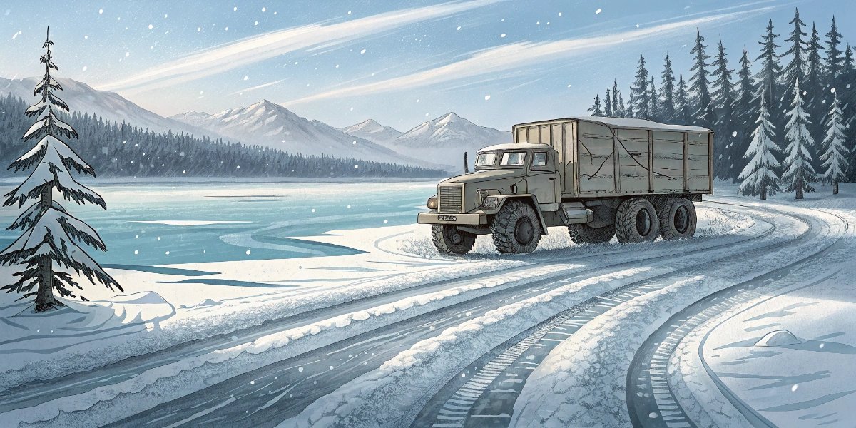 Ice road truck driving across a frozen Canadian lake in winter