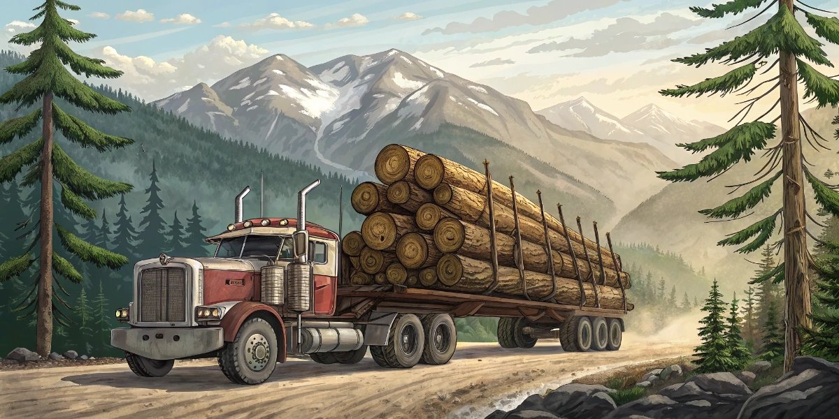 Canadian logging truck hauling large logs on a forest road