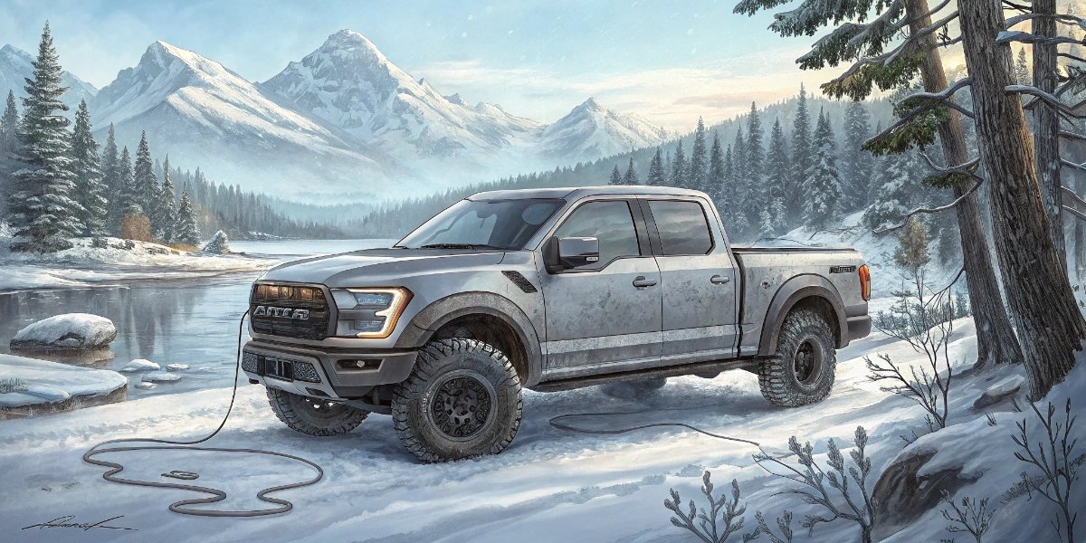 Canadian pickup truck driving on a snowy rural road