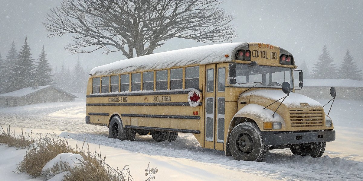 Canadian yellow school bus driving along a snowy road lined with trees