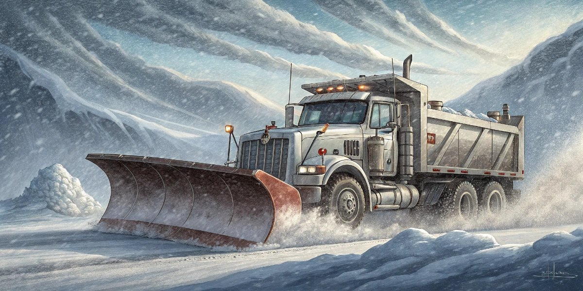 Canadian highway snowplow clearing snow from a winter highway