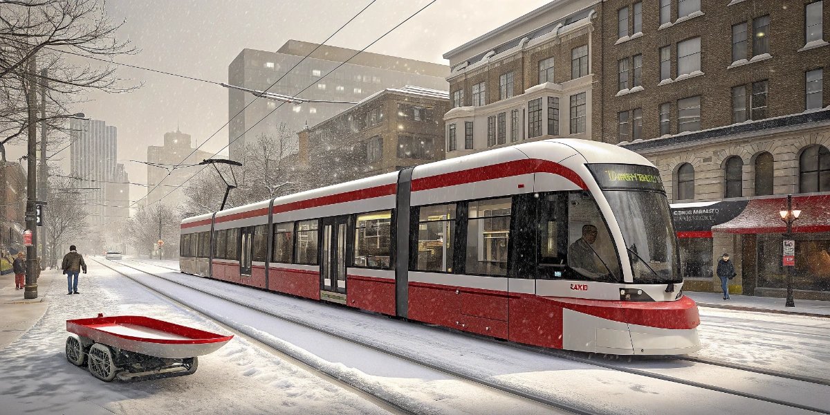 Toronto streetcar traveling down a winter city street