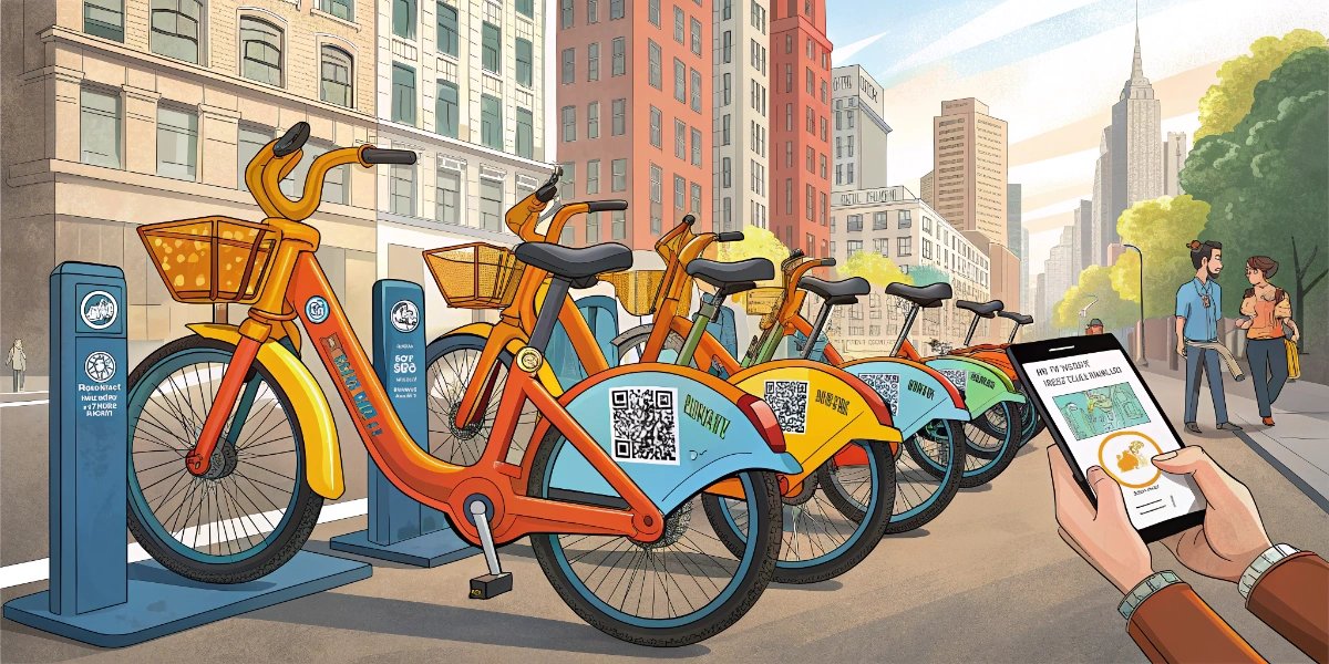 Rows of colorful dockless bicycles lined up along a Chinese city sidewalk