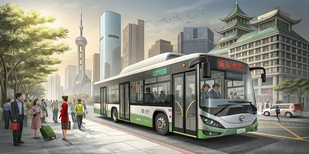 Modern electric city bus serving passengers in a Chinese metropolis