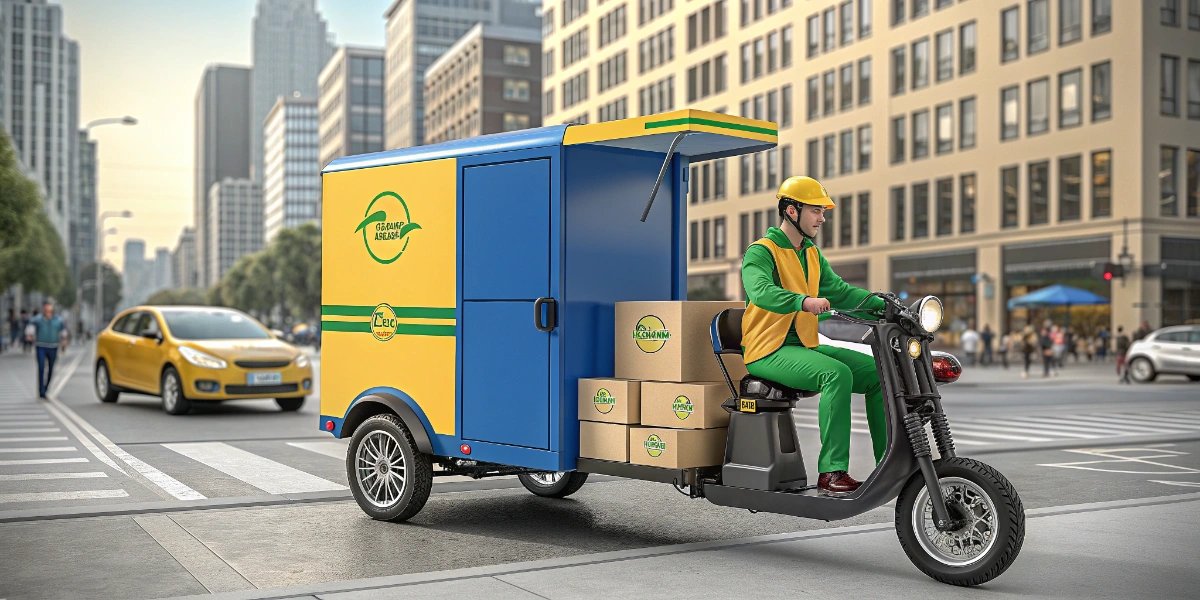 Electric delivery tricycle with a large cargo box on a Chinese city street