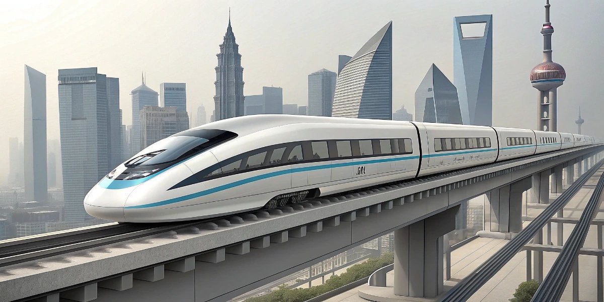 Shanghai Maglev train gliding above its elevated guideway