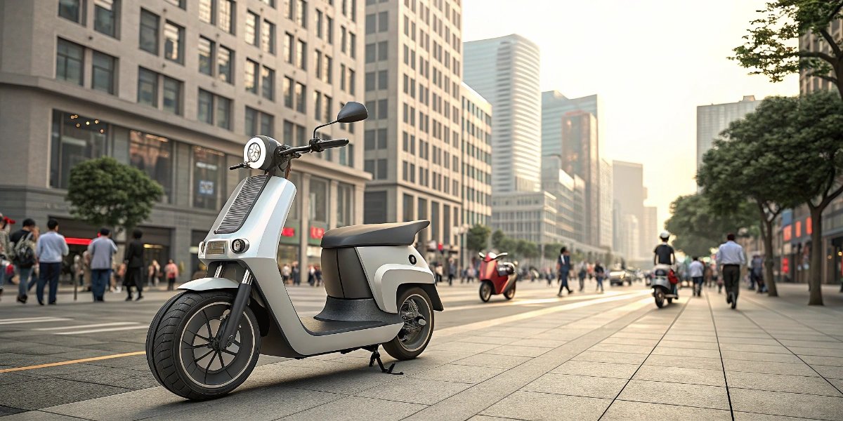 Parent and child riding an electric scooter on a busy Chinese city street