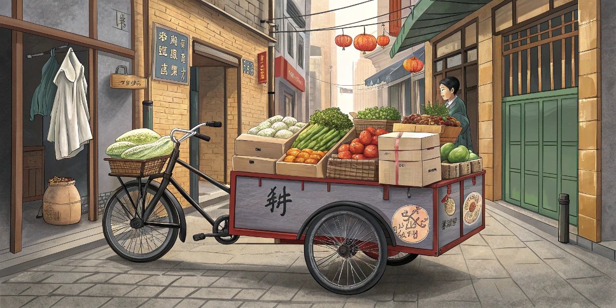 Cargo tricycle loaded with goods in a narrow Chinese alley