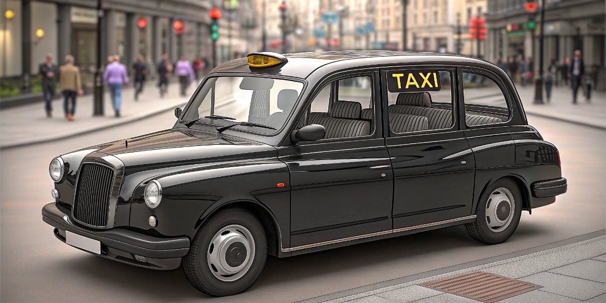Classic black London taxi cab on city street