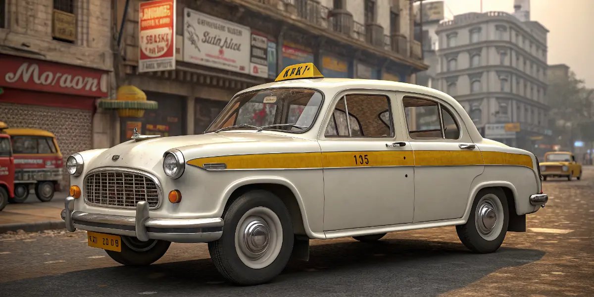 Classic white and yellow Ambassador taxi on Indian street