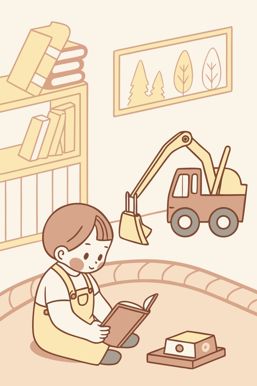 Toddler reading a construction vehicle book with toy excavator nearby