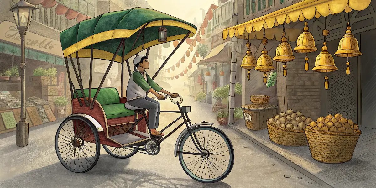 Traditional cycle rickshaw with covered passenger seat in Indian market