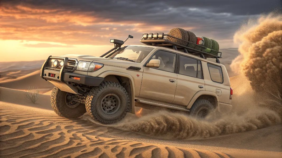 Desert 4x4 Land Cruiser with deflated tires navigating sand dunes