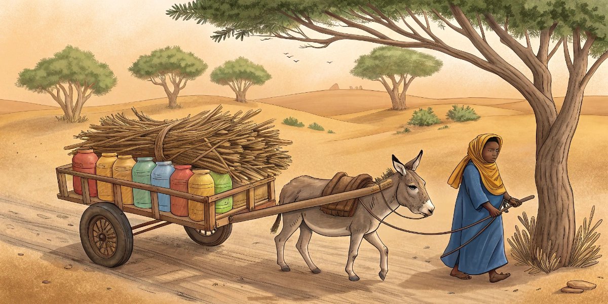 Traditional donkey cart carrying goods in rural African village