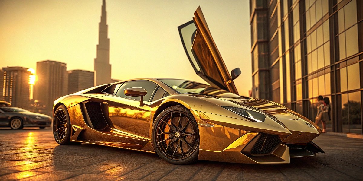 Gold-wrapped Lamborghini Aventador parked under Dubai skyscrapers