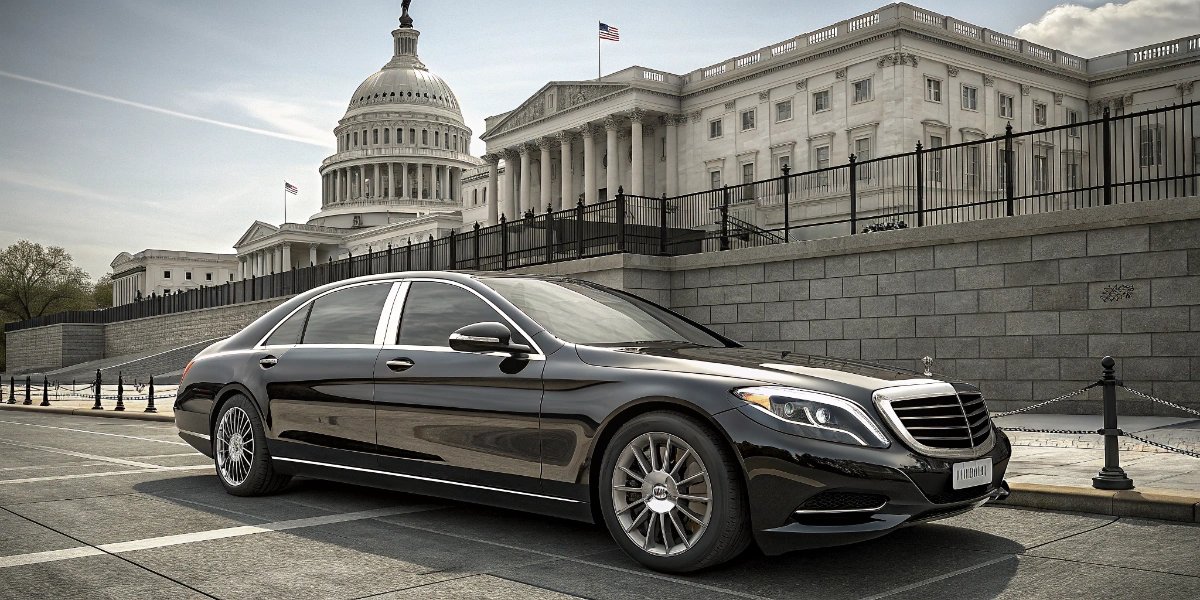 Black armored Mercedes S-Class sedan parked on a street in Dubai