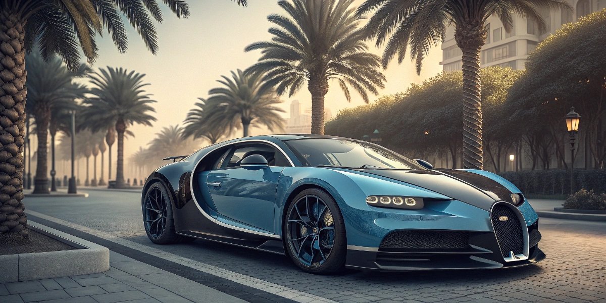 Blue Bugatti Chiron parked outside a luxury hotel in Dubai at night
