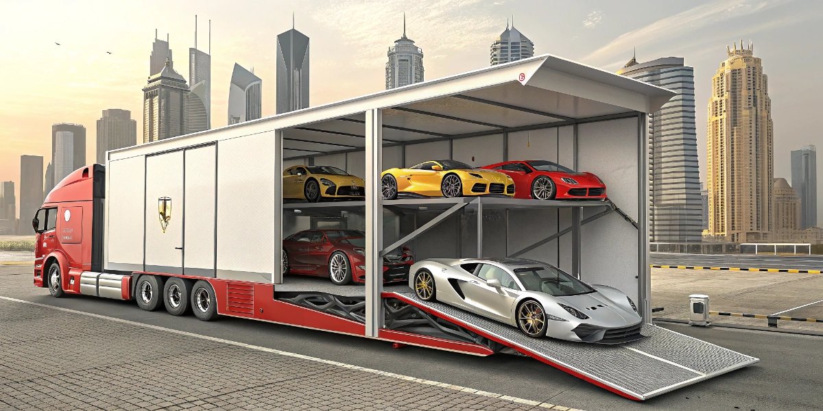 Enclosed supercar carrier truck transporting several luxury cars in Dubai