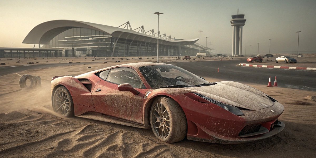 Red Ferrari covered in dust in a Dubai airport parking lot