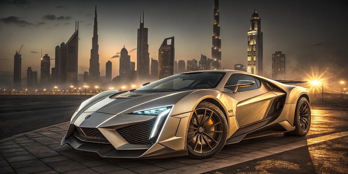 Lykan HyperSport supercar on display in front of Dubai skyscrapers
