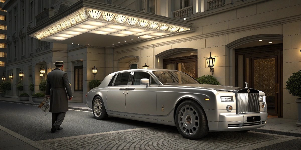 Rolls-Royce Phantom limousine driving in front of the Dubai skyline at sunset