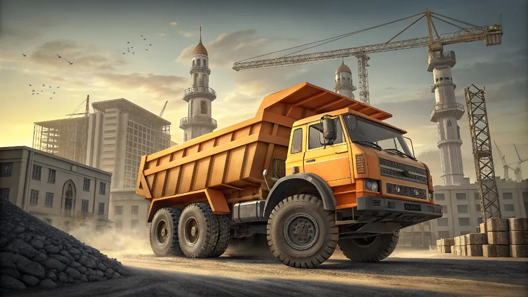 Construction dump truck working on desert building site