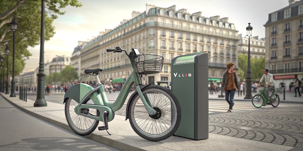Green and gray Vélib' shared bicycle at a Paris docking station