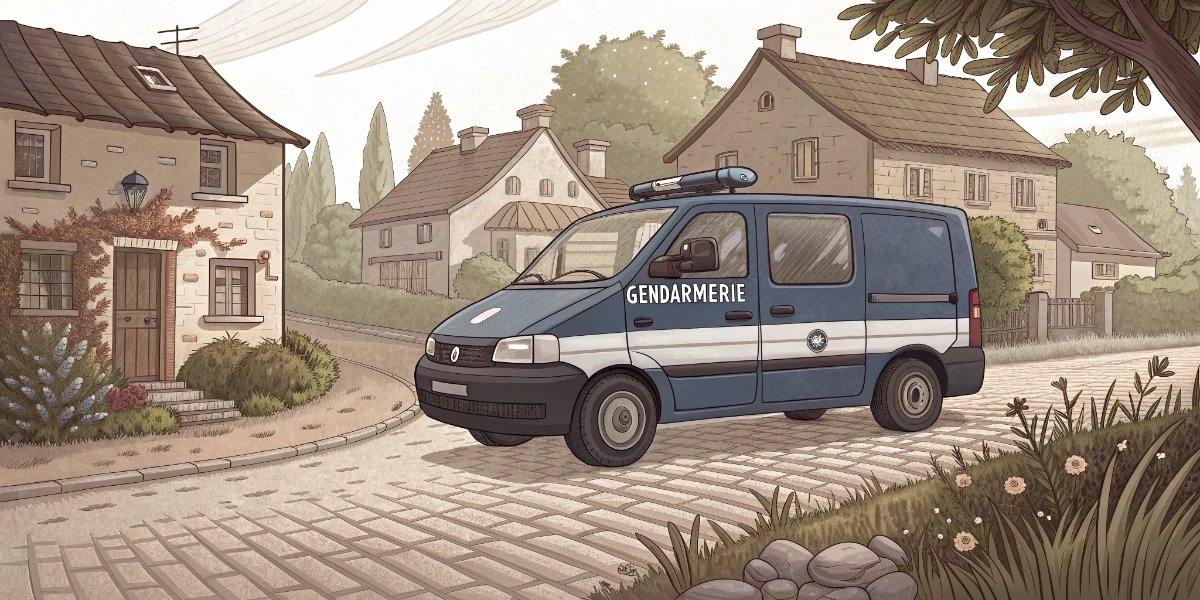 Blue Gendarmerie police van with white stripes in rural France