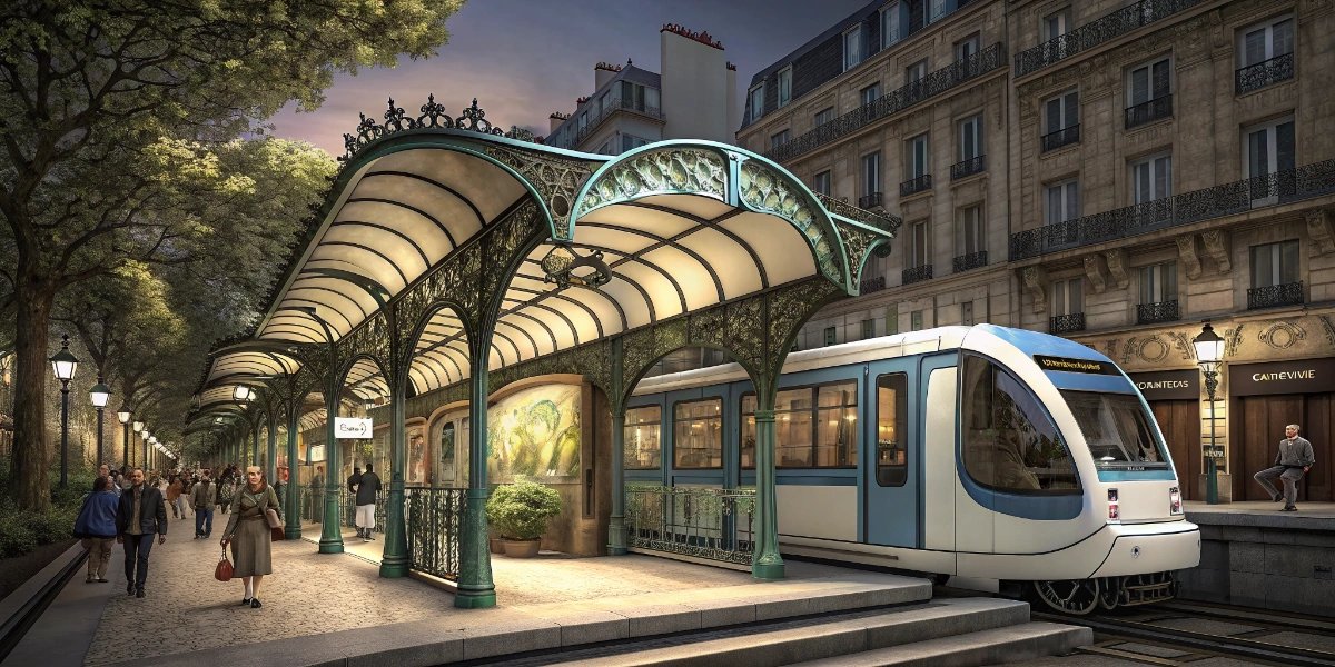 Paris Metro train at an underground station with Art Nouveau entrance
